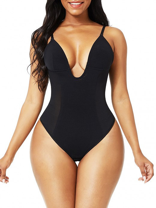 Black Plunge Low-Back Thong Shapewear Bodysuit Firm Control