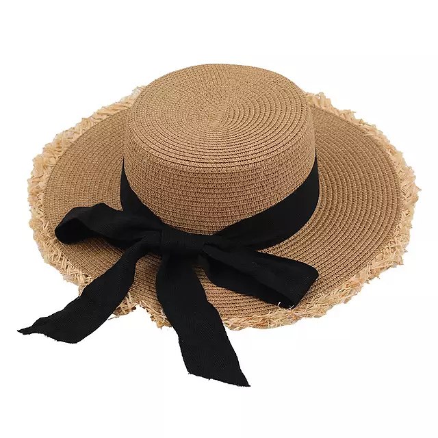 Summer bow flat top straw hat