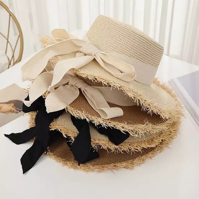 Summer bow flat top straw hat