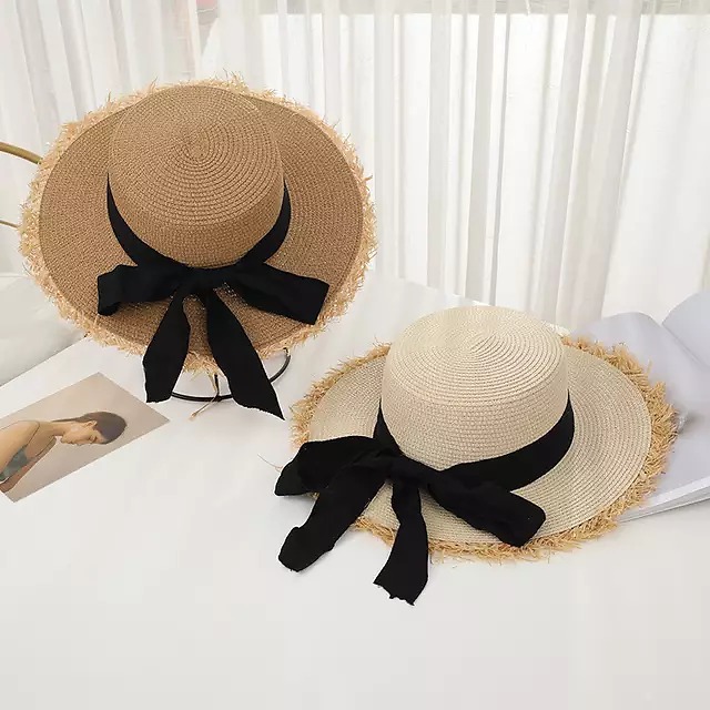 Summer bow flat top straw hat