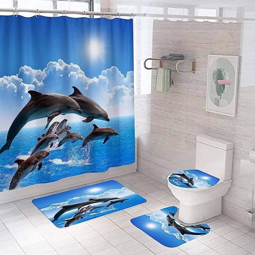 4 PIECE TOILET SEAT COVERS with SHOWER CURTAINS 