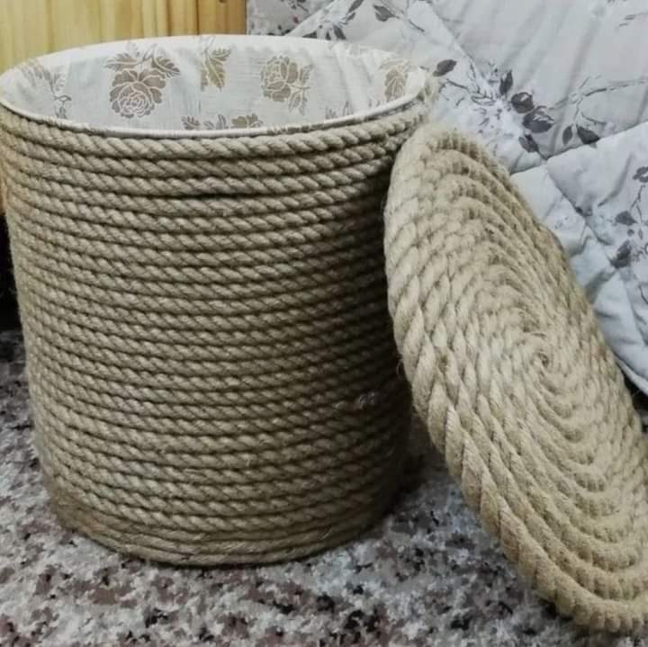 Storage busket  made with jute rope and cotton fabric 