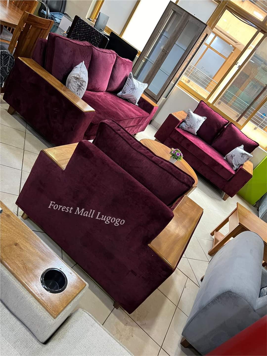 Maroon sofa set chairs 