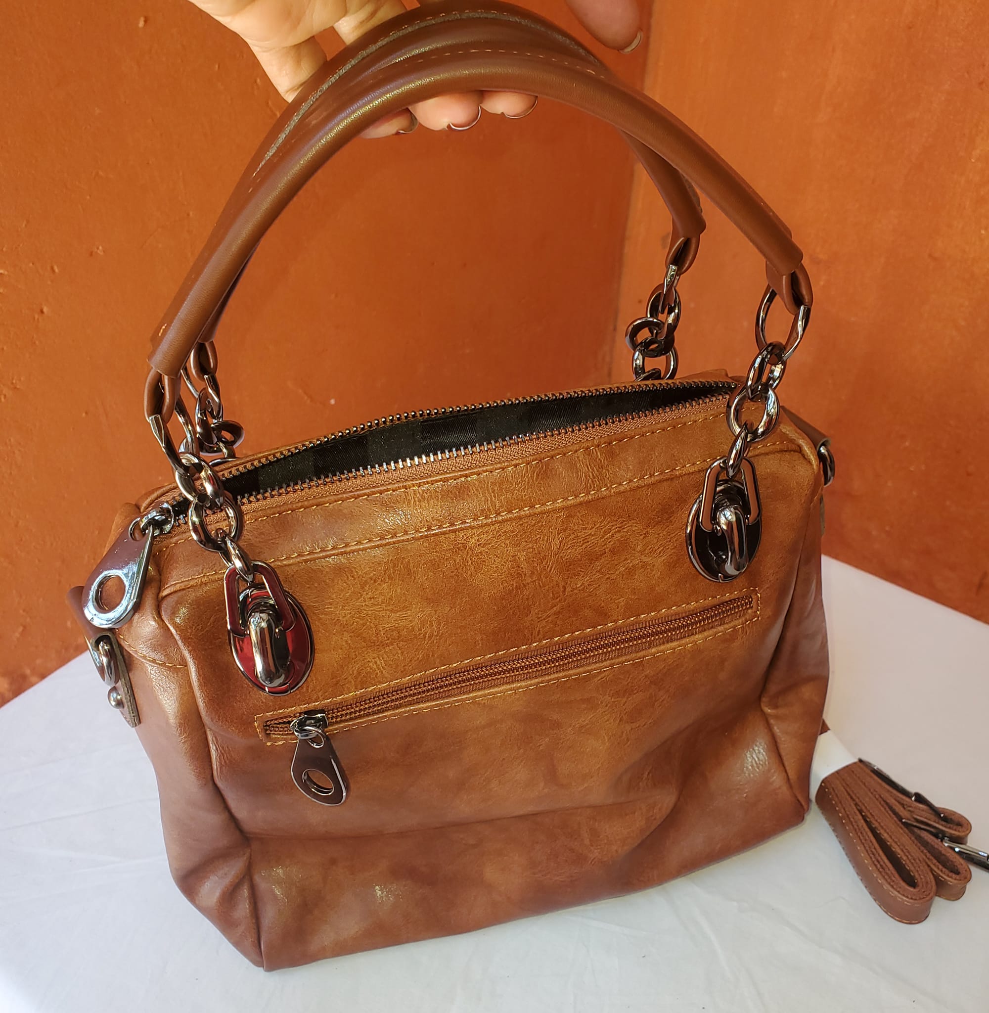 Brown leather handbag