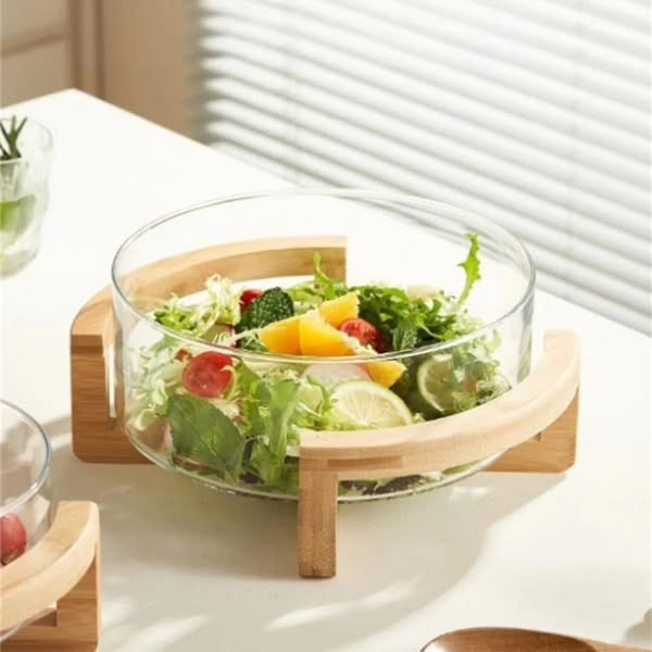set of 3 Borosillicate salad-serving dishes with a wooden base.